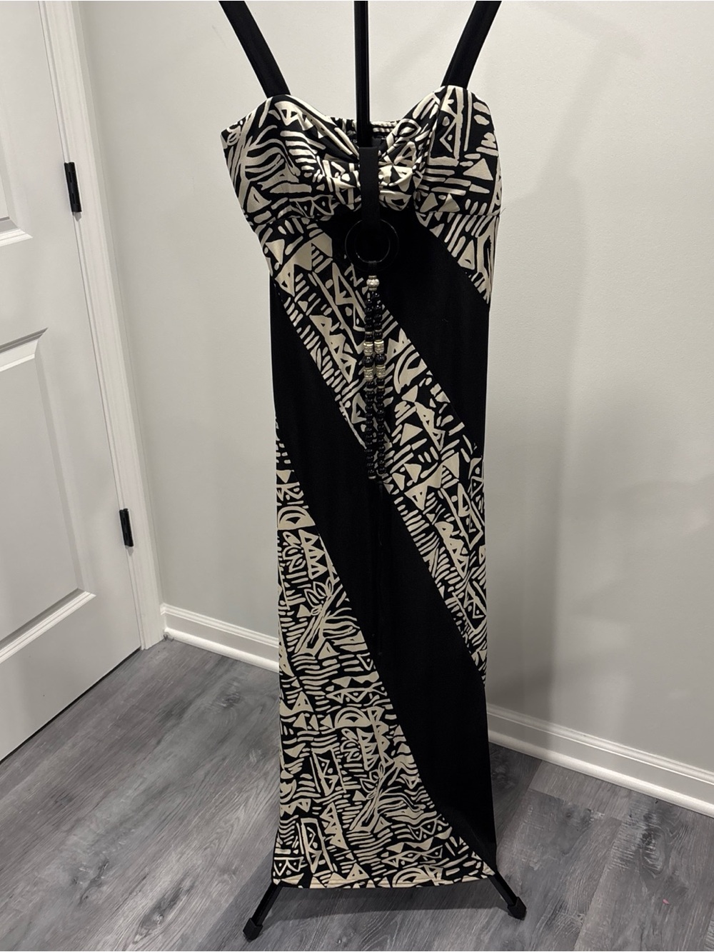 NWT R&M Black & Cream Strap Maxi Dress with Tribal Print with beaded accent